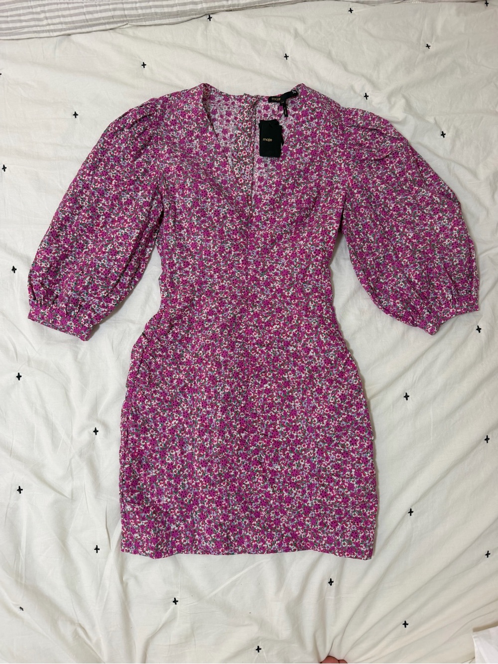 Maje Pink Floral Puff-Sleeve Mini Dress